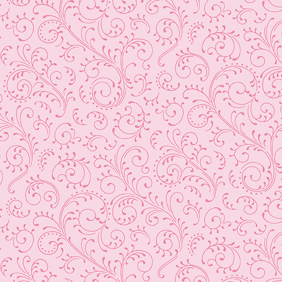 Pink fabric with tonal, ornamental swirls.