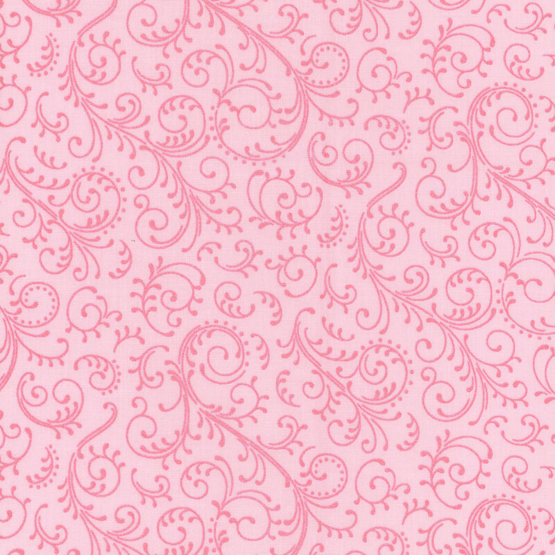 Pink fabric with tonal, ornamental swirls.