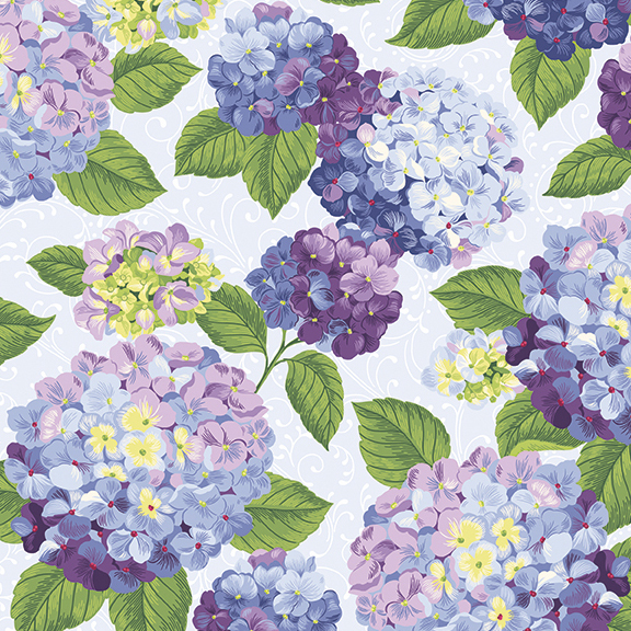 Cream fabric with large tossed purple and blue hydrangeas with green leaves.
