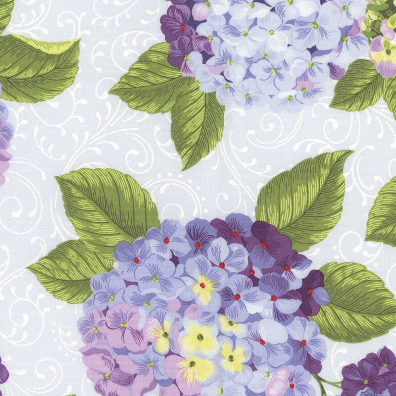 Cream fabric with large tossed purple and blue hydrangeas with green leaves.