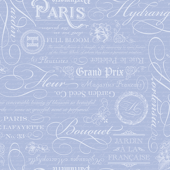 Powder blue fabric with a collage of pearlized vintage text, script, and sayings.