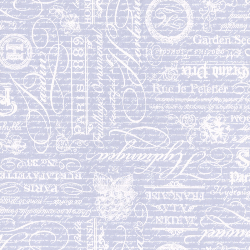 Powder blue fabric with a collage of pearlized vintage text, script, and sayings.