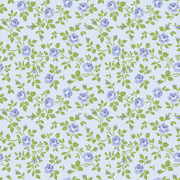 Blue fabric with tossed green leaves and blue rosebuds.