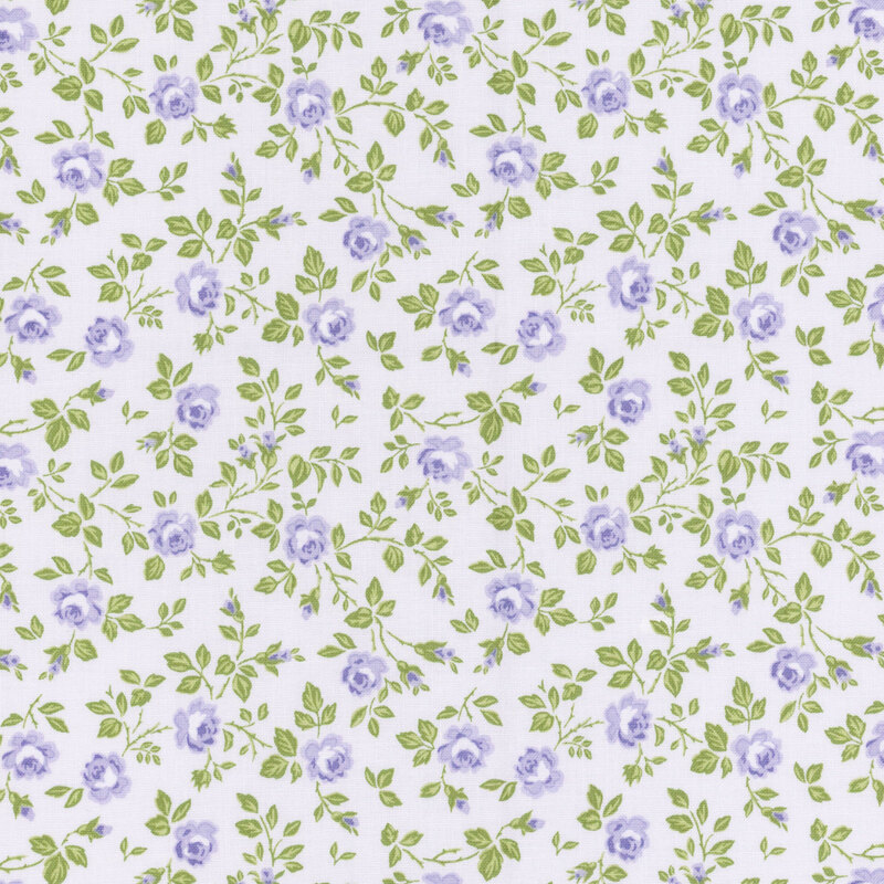 Blue fabric with tossed green leaves and blue rosebuds.