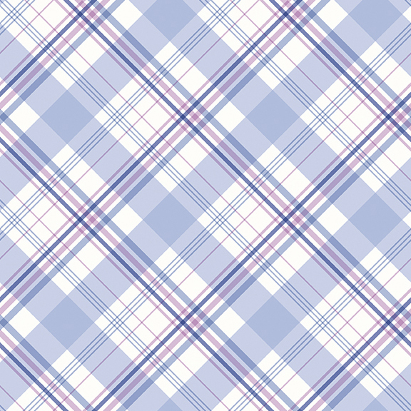 Blue, pink, and white plaid fabric with intersecting lines of varying width.