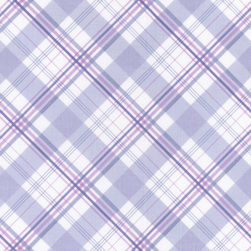 Blue, pink, and white plaid fabric with intersecting lines of varying width.