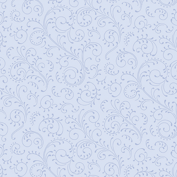 Powder blue fabric with tonal, ornamental swirls.