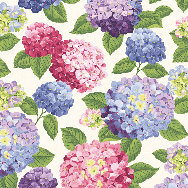 Cream fabric with large tossed hydrangeas in pink, purple, and blue.