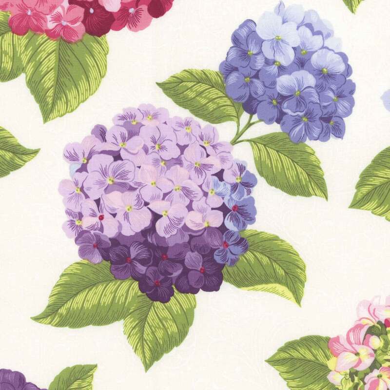 Off white fabric with large tossed hydrangeas in pink, purple, and blue.