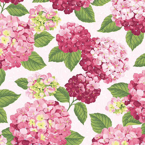 Cream fabric with large tossed pink hydrangeas with green leaves.