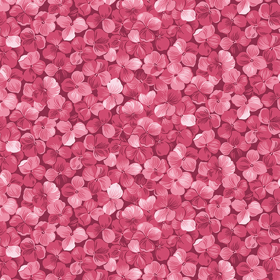 Fabric with a packed pink hydrangea flower motif.