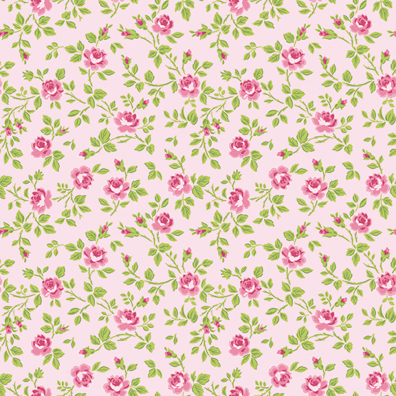Pink fabric with tossed green leaves and pink buds.