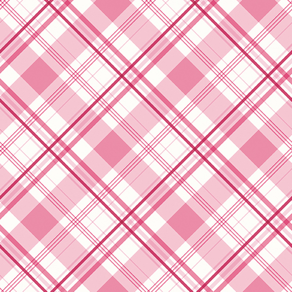 Red, pink, and white plaid fabric with intersecting lines of varying width.