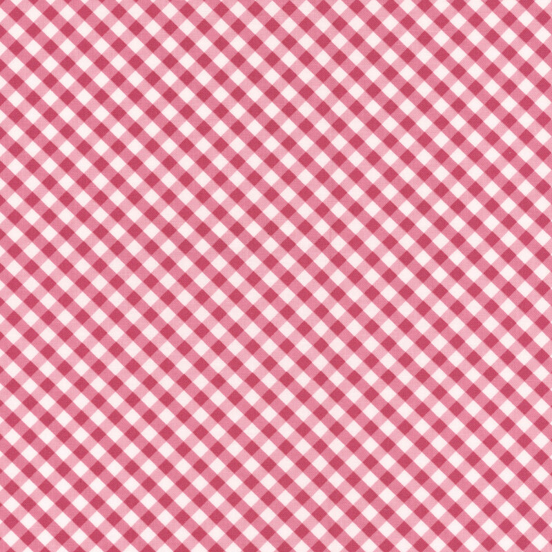 Raspberry pink and white gingham fabric swatch.