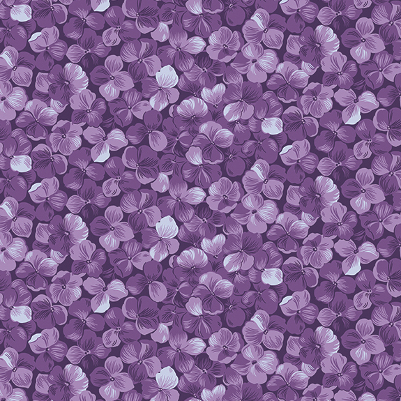 Grape purple fabric with a packed hydrangea flower motif.