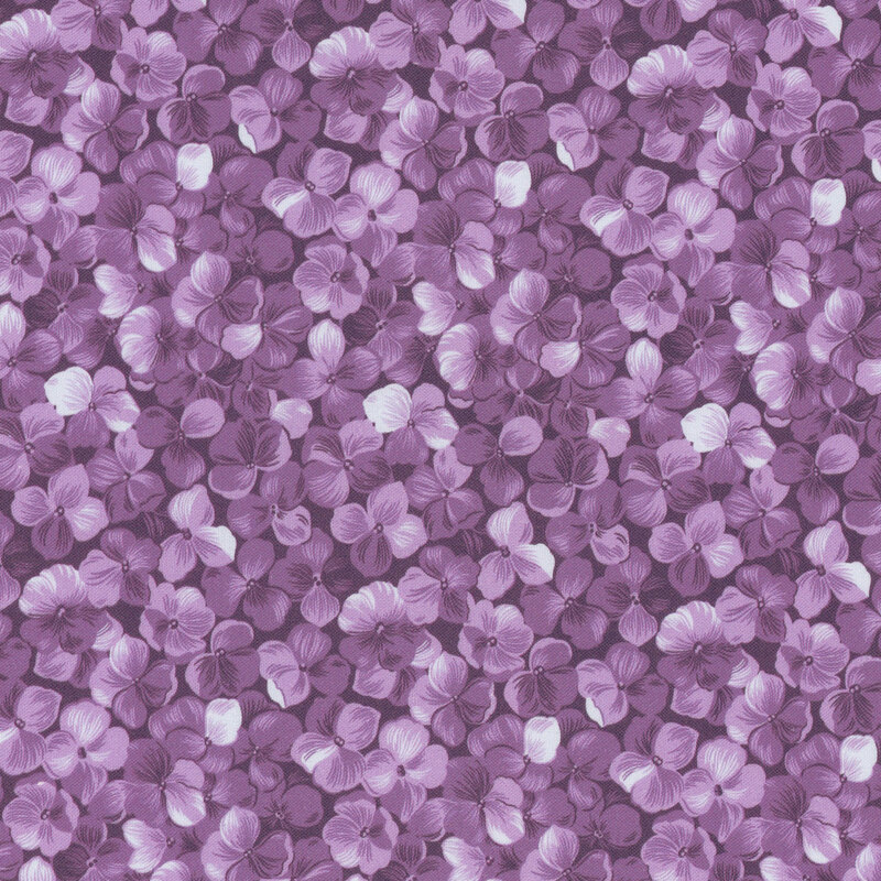 Grape purple fabric with a packed hydrangea flower motif.