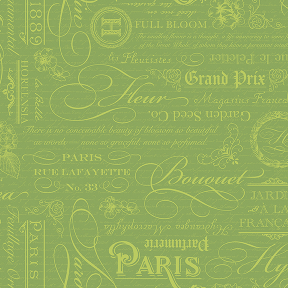 Leaf green fabric with a collage of pearlized vintage text, script, and sayings.