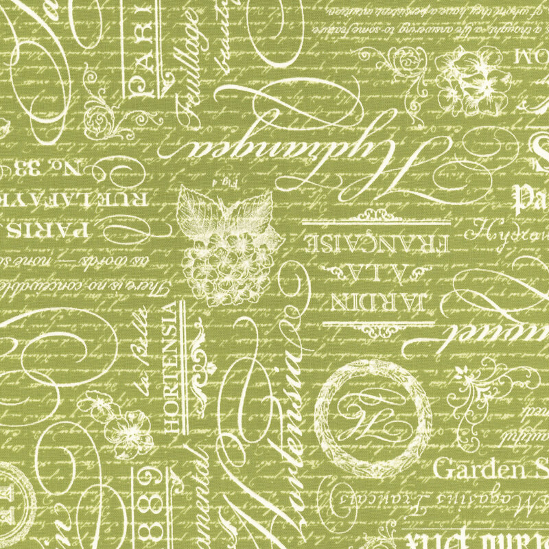Leaf green fabric with a collage of pearlized vintage text, script, and sayings.
