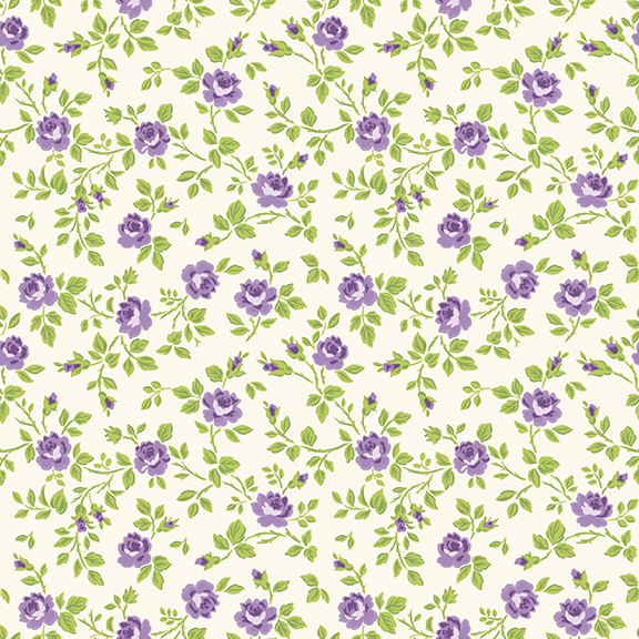 Cream fabric with tossed green leaves and purple buds.