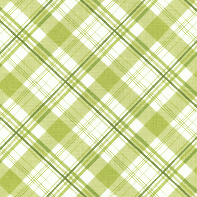 Lime green, emerald, and white plaid fabric with intersecting lines of varying width.