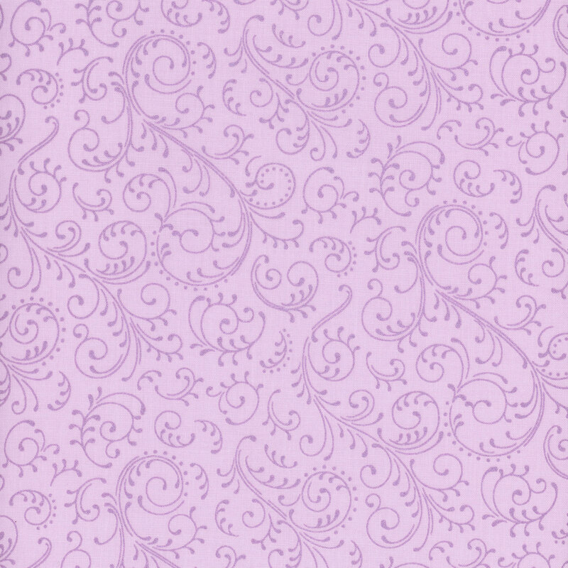 Lavender fabric with tonal, ornamental swirls.