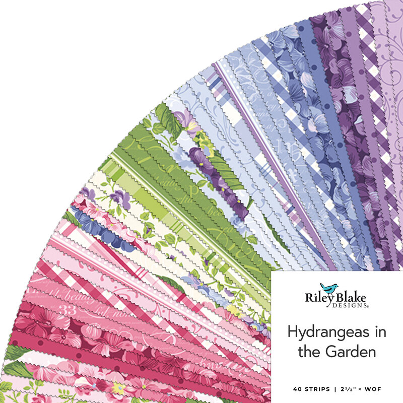 A fanned out collage of the pink, green, blue, and purple fabrics featured in the Hydrangeas in the Garden Jelly Roll..