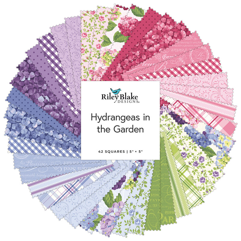 A fanned out collage of the pink, green, blue, and purple fabrics featured in the Hydrangeas in the Garden Charm Pack.