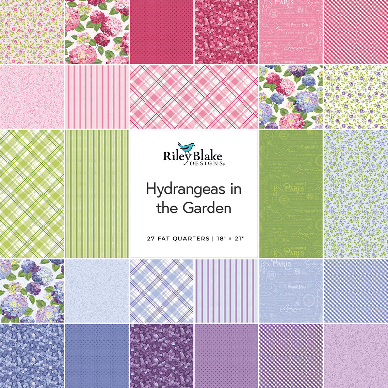 A collage of the pink, green, blue, and purple fabrics featured in the Hydrangeas in the Garden FQ set.