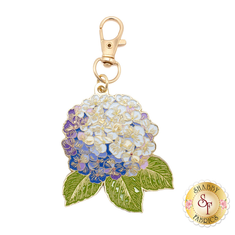 Blue hydrangea enamel charm with gold accents.