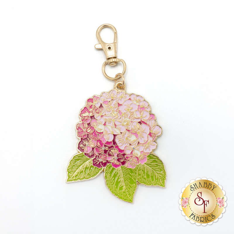Pink hydrangea enamel charm with gold accents.