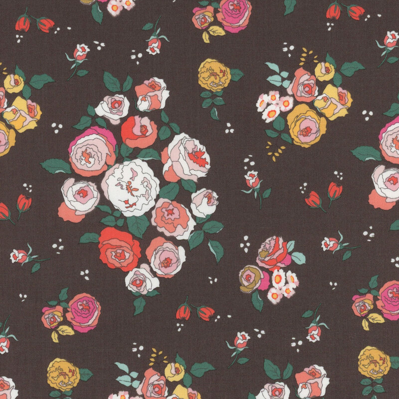 A dark fabric pattern featuring clusters of colorful roses and small white flowers.