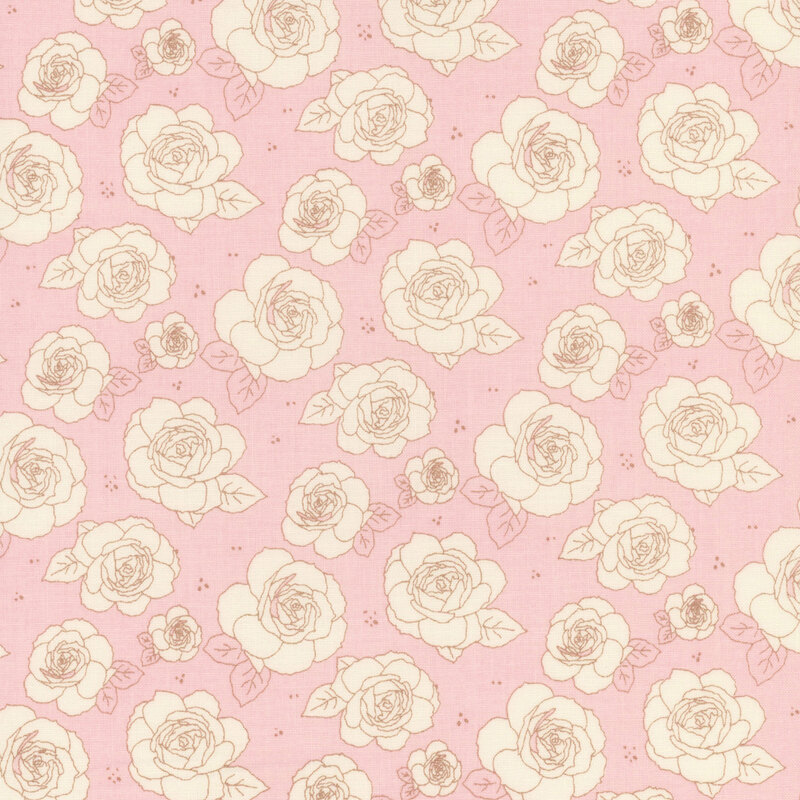 A repeating pattern of beige roses on a soft pink background.