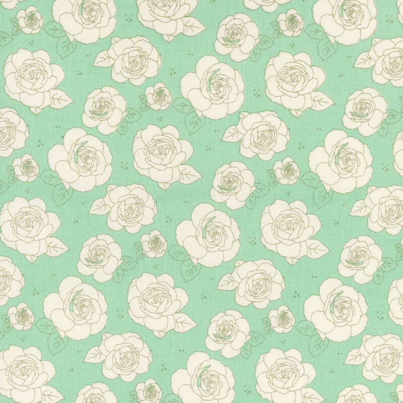 A light turquoise background with a pattern of outlined roses in various sizes and orientations.