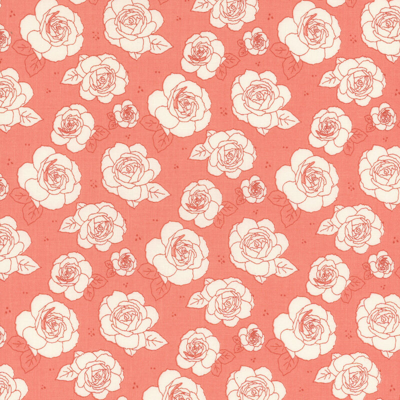 A coral background with a repeating pattern of white roses and green leaves.