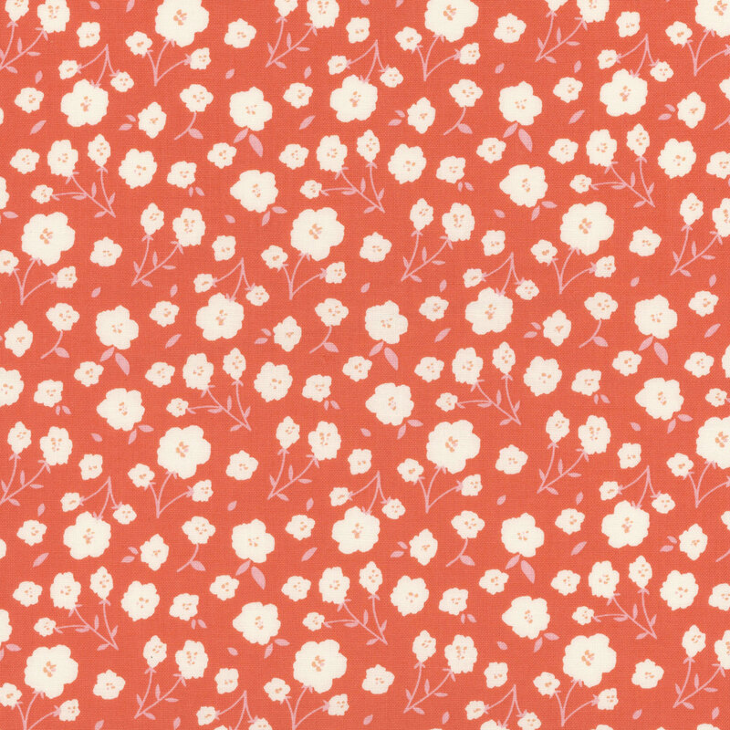 Pattern of small white flowers on a coral background, creating a delicate and vibrant design.