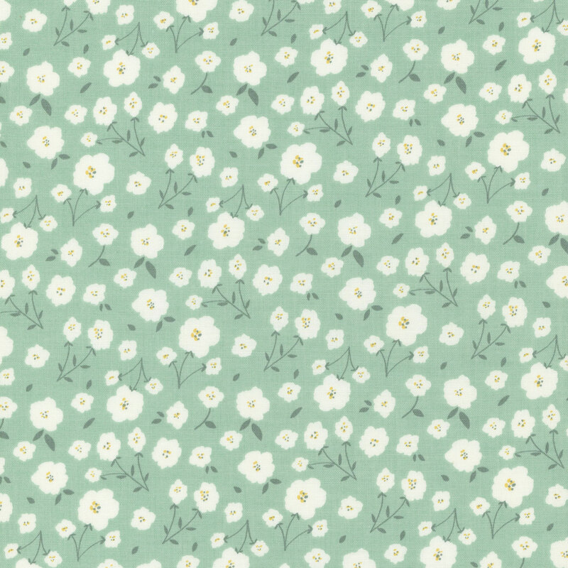 A mint green fabric pattern with small white flowers and delicate green stems.