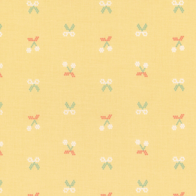 Repeating pattern of small eyeglasses and scissors on a yellow background.
