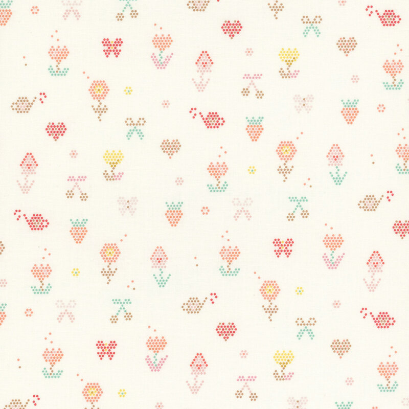 Patterned fabric featuring small, colorful flowers and bows on a light cream background.