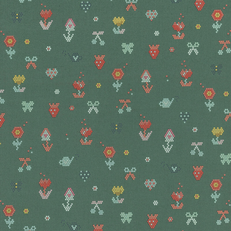 Repeating pattern of stylized flowers and bows on a green background, in red, yellow, and blue tones.