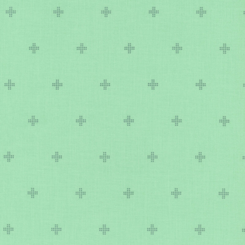 A light green fabric texture with a repeated pattern of small, dotted plus signs.
