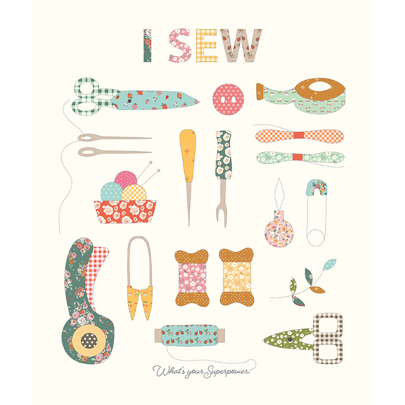 Colorful illustration featuring sewing tools and the text I SEW, with decorative elements.