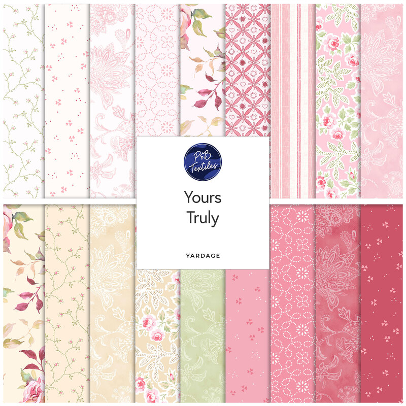 A collection of patterned fabric designs in pinks, greens, and creams, featuring florals and geometric prints, with the label Yours Truly in the center.