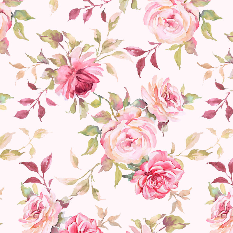 Watercolor pattern of pink and burgundy roses with green leaves on a soft pastel background.