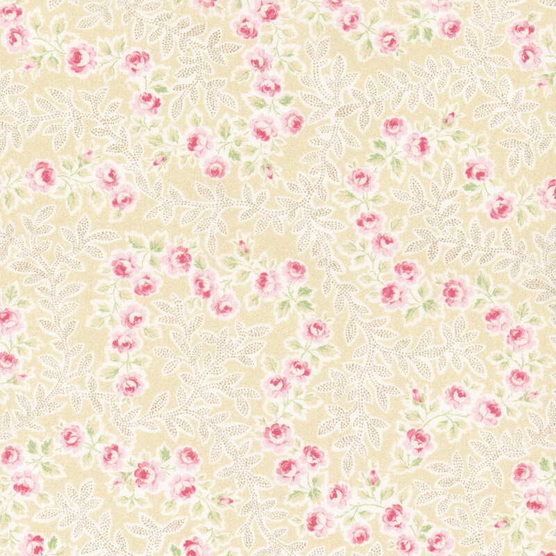 A floral pattern featuring pink roses and white leaves on an ivory background.