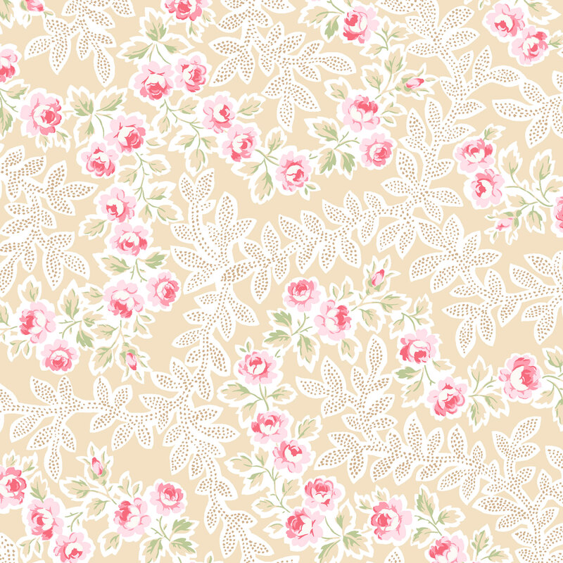 A floral pattern featuring pink roses and white leaves on a beige background.