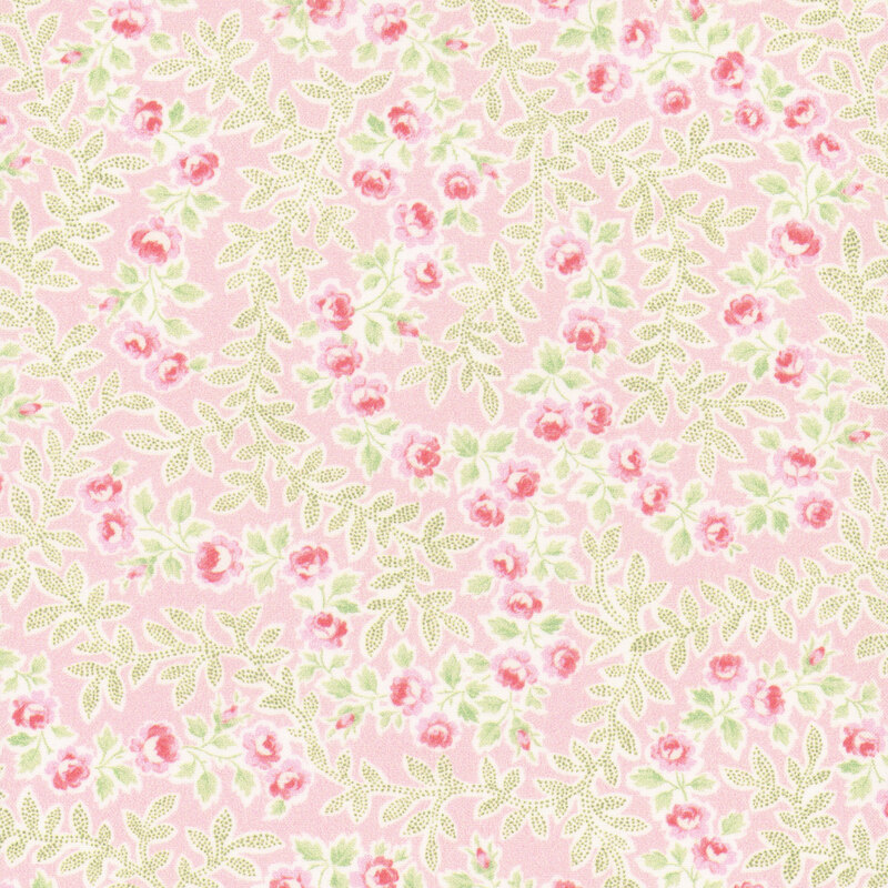 Floral pattern featuring pink roses and green leaves on a light pink background.