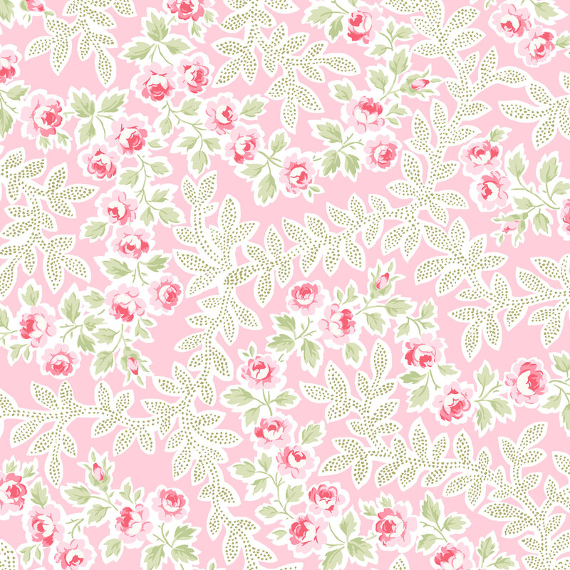 Floral pattern featuring pink roses and green leaves on a light pink background.