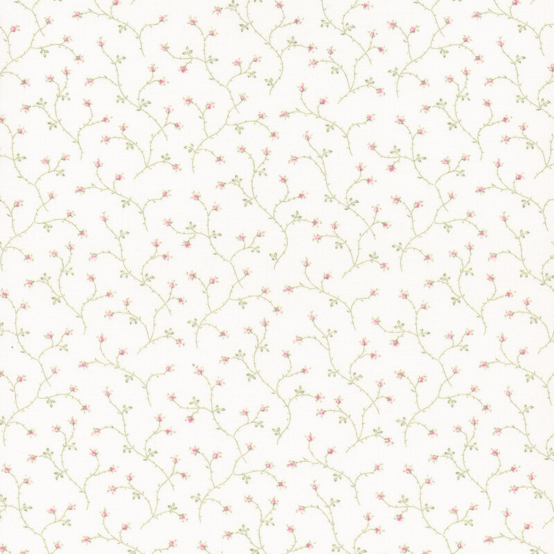 Pattern of delicate pink flowers and green vines on a white background.