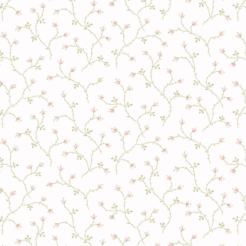 Pattern of delicate pink flowers and green branches on a white background.