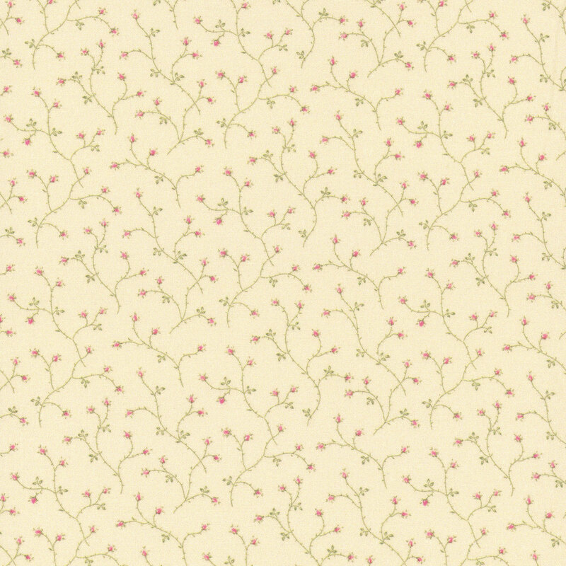 A light yellow background with delicate green branches and small pink flowers in a repeating pattern.